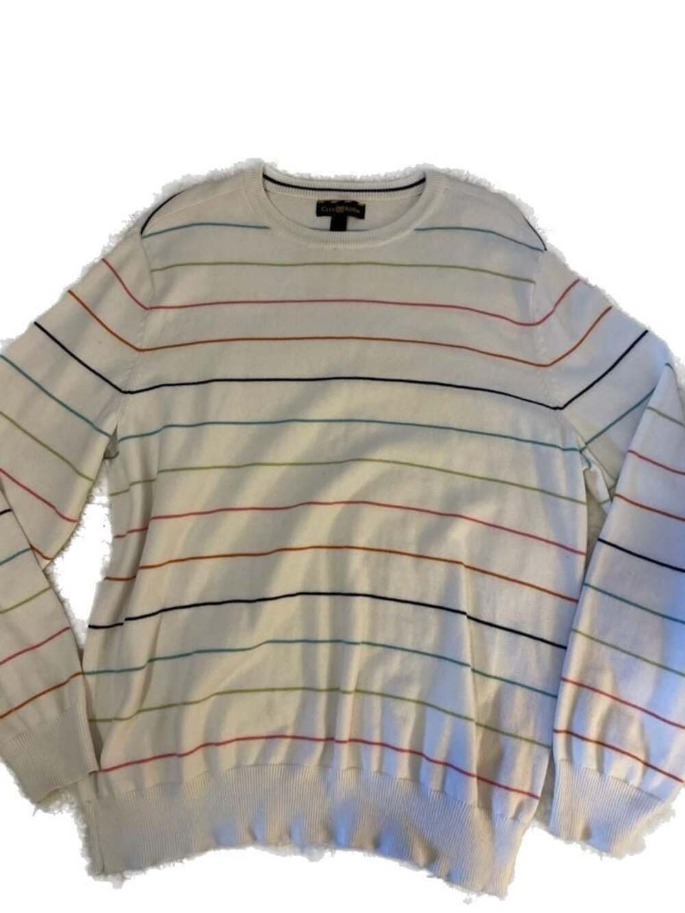 Club Room Men's 100% Cotton Crewneck Sweater Multi-Color Striped White Medium